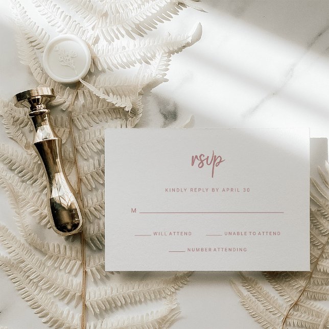 Minimalist Script | White and Dusty Rose Wedding RSVP Card (A modern white and dusty pink wedding rsvp card)