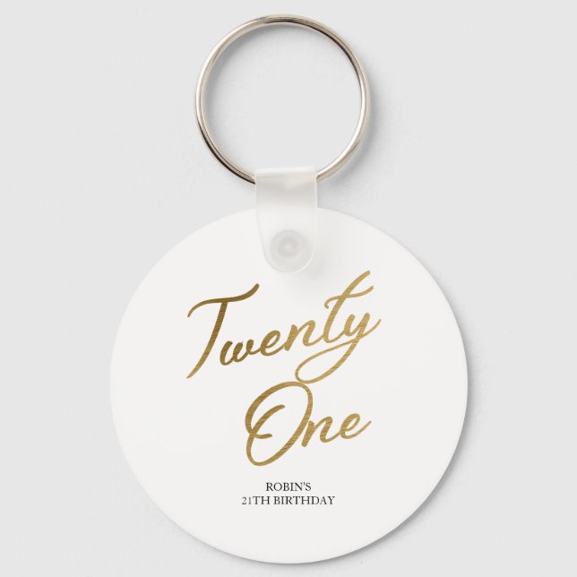Minimalist Script white and Gold 21st Birthday Keychain (Front)