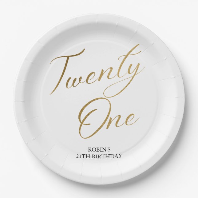 Minimalist Script white and Gold 21st Birthday Paper Plate (Front)