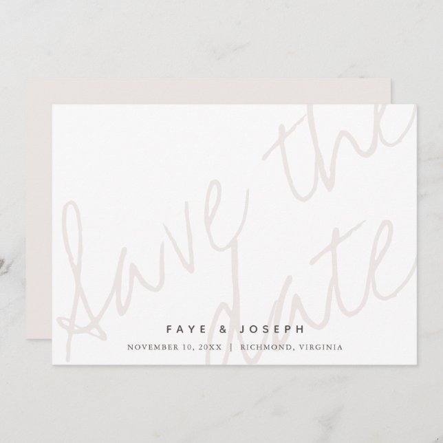 Minimalist Script White Beige Save the Date Card (Front/Back)