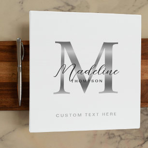 Minimalist Script White Metallic Silver Monogram Binder