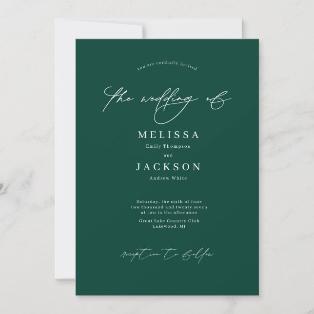 Minimalist scripted Emeral Green Wedding Invitation (Front)
