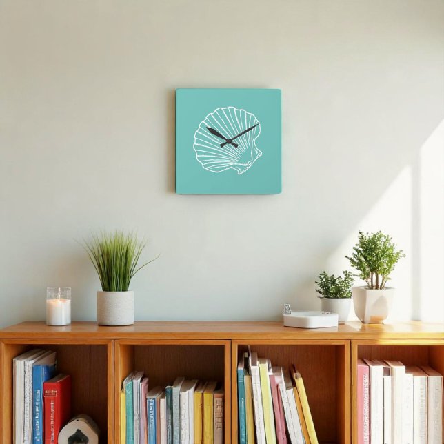 Minimalist Sea Shell on Green Background Square Wall Clock (square clock on wall)