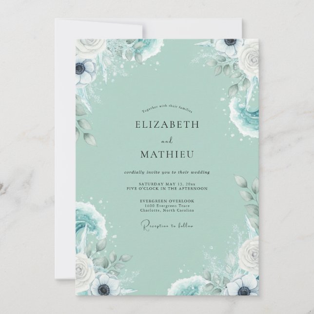 Minimalist Seafoam Painted Ranunculus Wedding Invitation (Front)