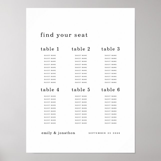 Minimalist Seating Chart Find Your Seat Wedding (Front)