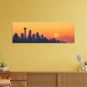 Minimalist Seattle Skyline at Sunset Modern Canvas Print
