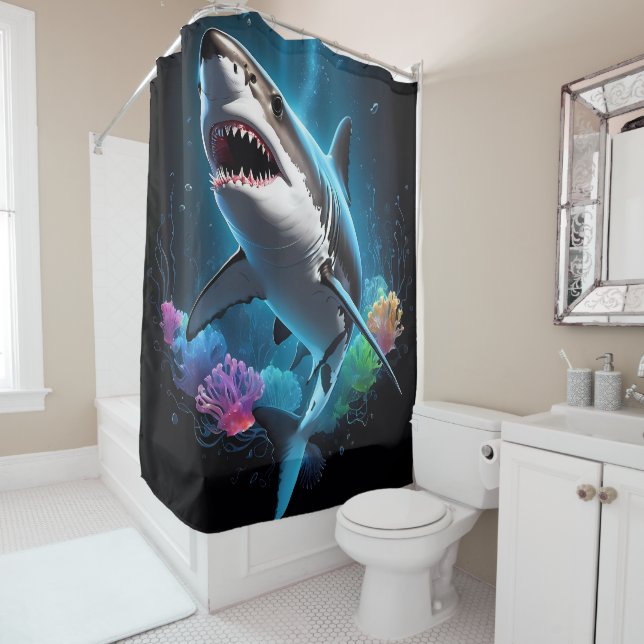 Minimalist Shark Design on Shower Curtain Set (In Situ)