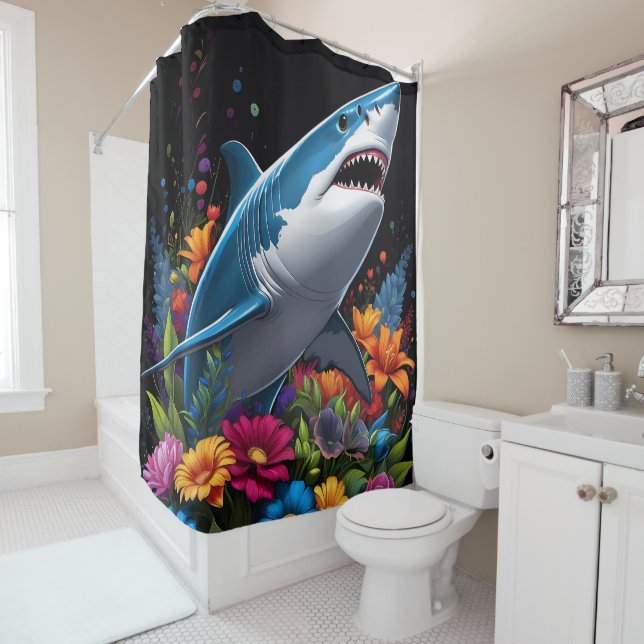Minimalist Shark Design on Shower Curtain Set (In Situ)