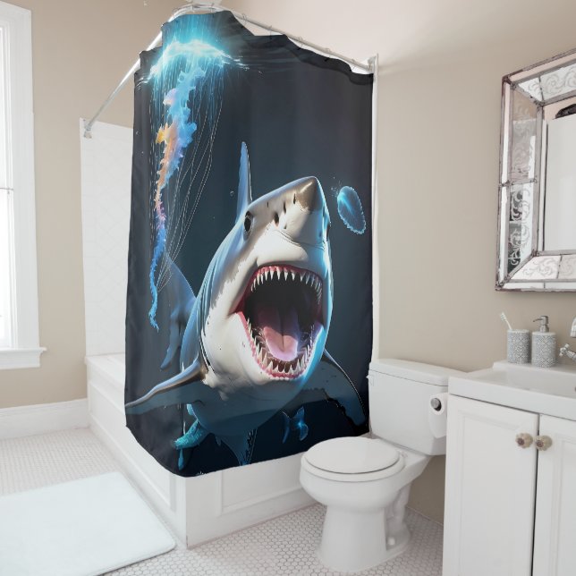 Minimalist Shark Design on Shower Curtain Set (In Situ)
