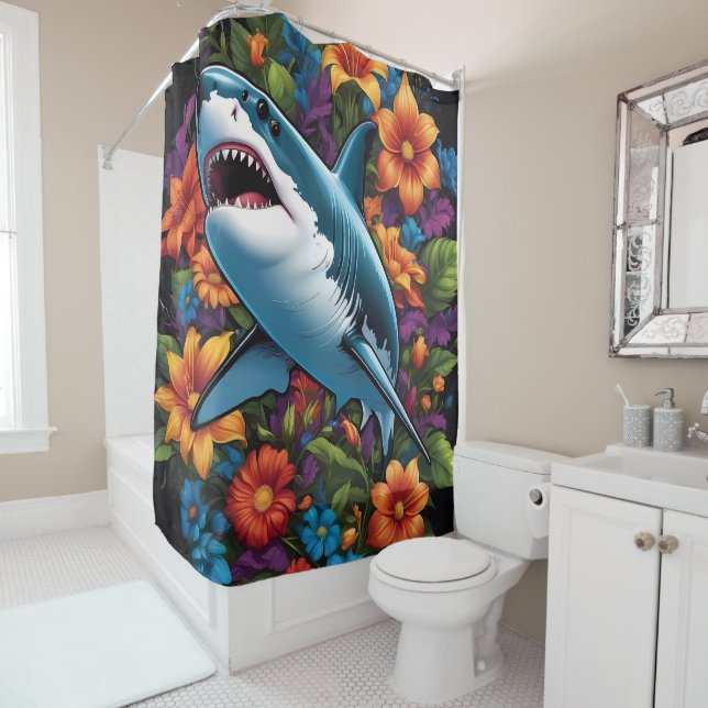 Minimalist Shark Design on Shower Curtain Set (In Situ)
