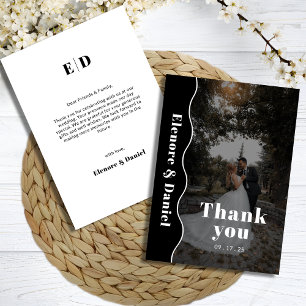 Minimalist Side Wave Black and White Photo Wedding Thank You Card