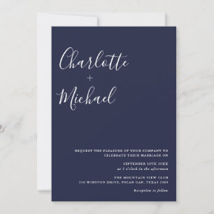 Minimalist Signature Script Navy Blue Wedding Invitation