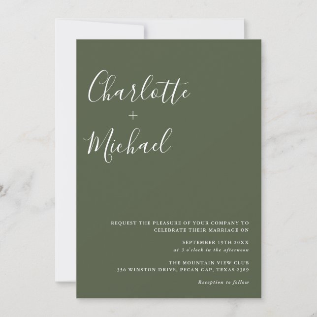 Minimalist Signature Script Olive Green Wedding Invitation (Front)