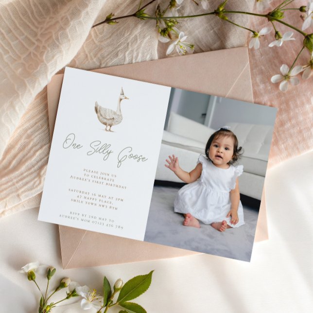 Minimalist Silly Goose First Birthday Party Photo Invitation (Creator Uploaded)