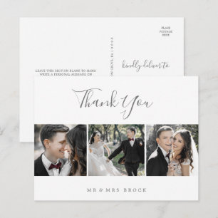 Minimalist Silver 3 Photo Template Thank You Postcard
