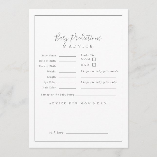 Minimalist Silver Baby Shower Baby Predictions &  Advice Card (Front)