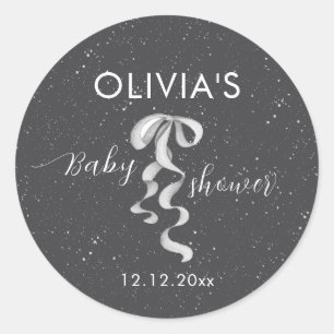 Minimalist Silver Bow Winter Snow Baby Shower Classic Round Sticker
