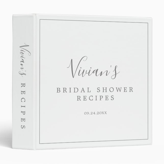 Minimalist Silver Bridal Shower Recipe Organizer Binder (Front/Spine)