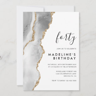 Minimalist Silver Gold Agate Geode 40th Birthday Invitation