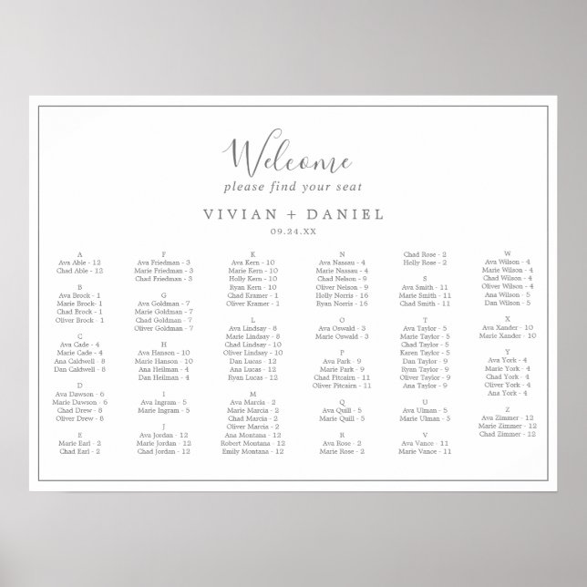 Minimalist Silver Horizontal Seating Chart (Front)