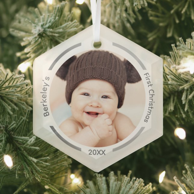 Minimalist Silver Photo Baby First Christmas Glass Ornament (Insitu)