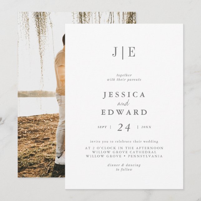 Minimalist Silver Script Photo Monogram Wedding  Invitation (Front/Back)