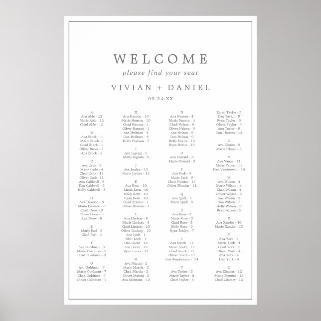 Minimalist Silver Typography Seating Chart (Front)