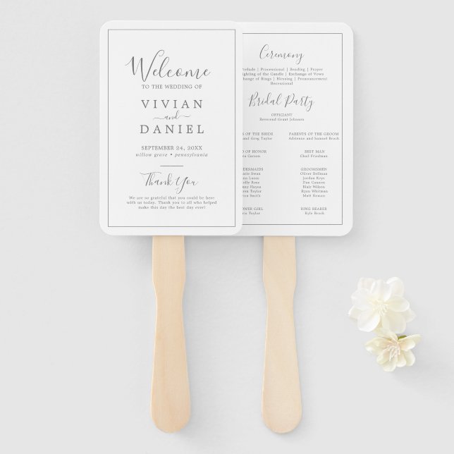 Minimalist Silver Wedding Program Hand Fan (Front and Back)