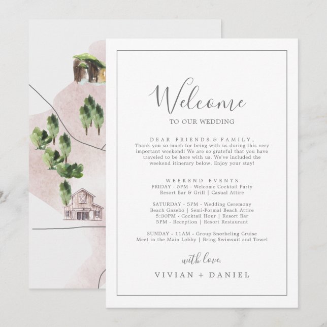 Minimalist Silver Welcome Letter Itinerary & Map (Front/Back)