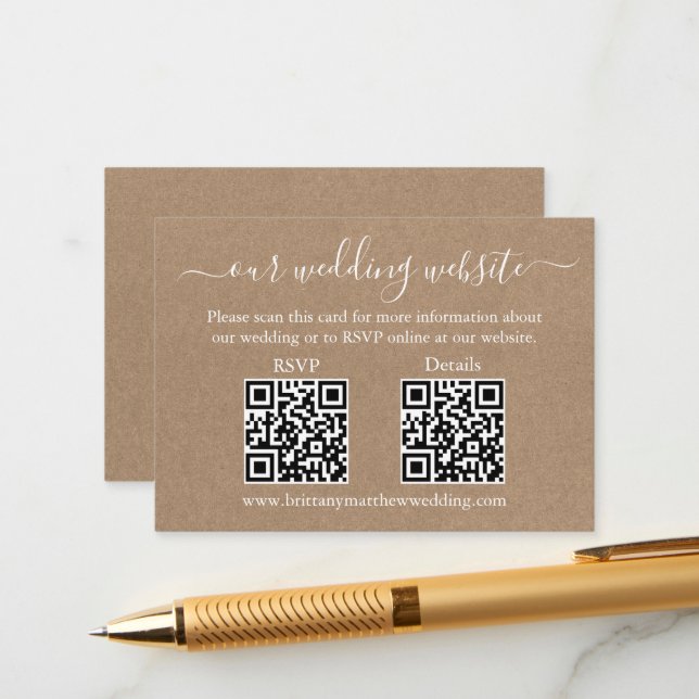 Minimalist Simple 2 QR Wedding RSVP Details Kraft Enclosure Card (Front/Back In Situ)