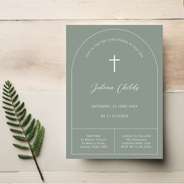 Minimalist simple arch sage baptism christening invitation (Creator Uploaded)