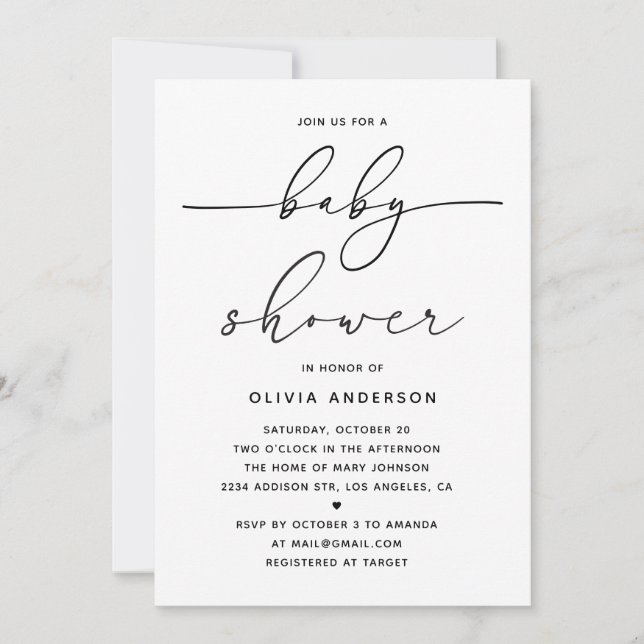 Minimalist Simple Baby Shower. Modern Clean Script Invitation (Front)