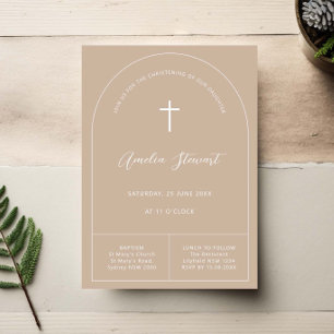 Minimalist simple beige taupe arch baptism invitation