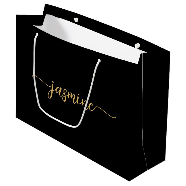 Minimalist Simple Black Gold Monogram Girly Script Large Gift Bag (Front Angled)
