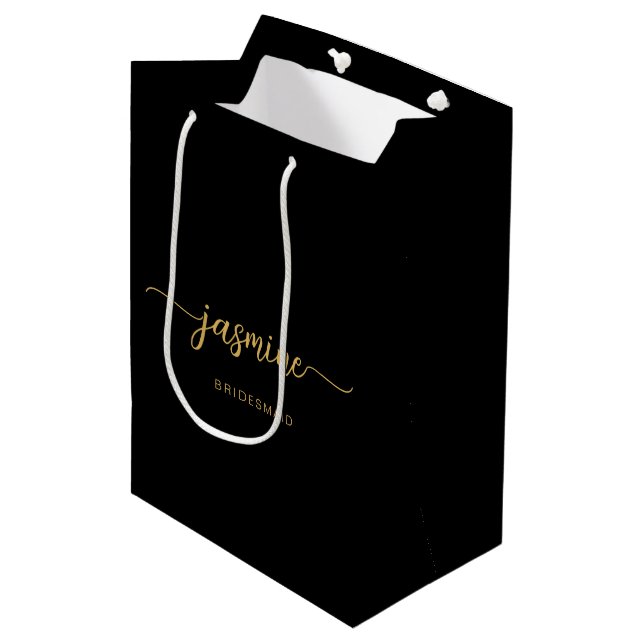 Minimalist Simple Black Gold Monogram Girly Script Medium Gift Bag (Front Angled)