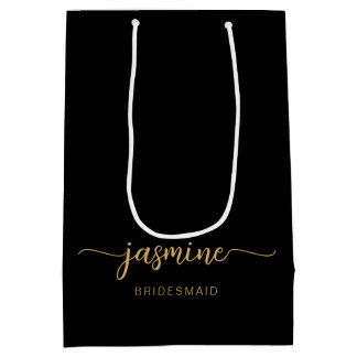 Minimalist Simple Black Gold Monogram Girly Script Medium Gift Bag