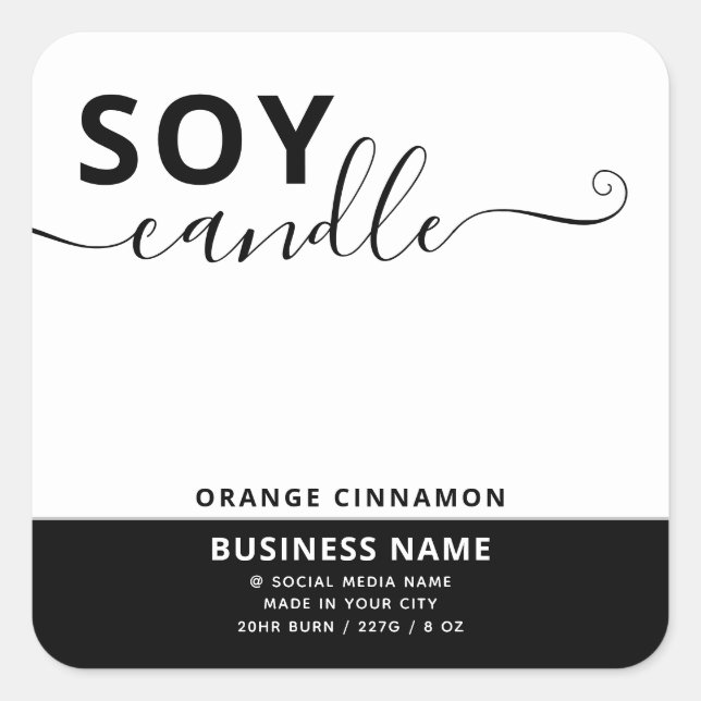 Minimalist simple black white script soy candle  square sticker (Front)