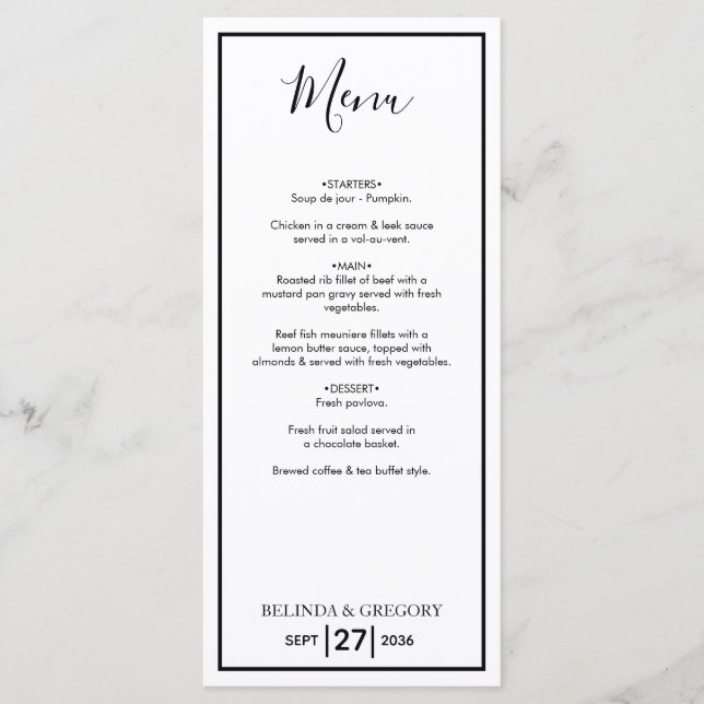 Minimalist Simple Black & White Wedding  Menu (Front)