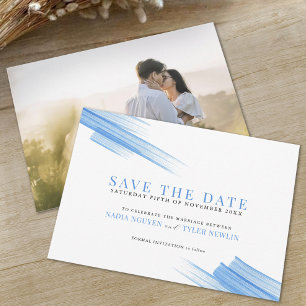Minimalist simple blue ink strokes photo wedding save the date