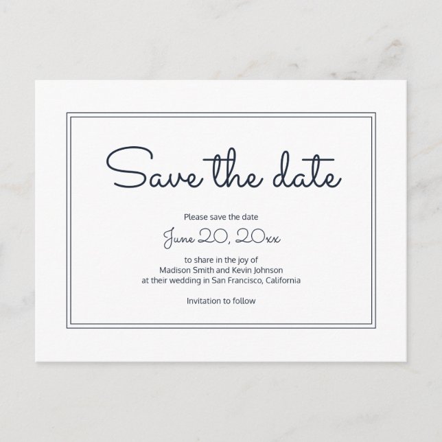Minimalist Simple Cursive Script Save The Date Postcard (Front)