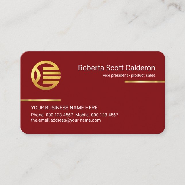 Minimalist Simple Gold Lines On Red Layer Business Card (Front)