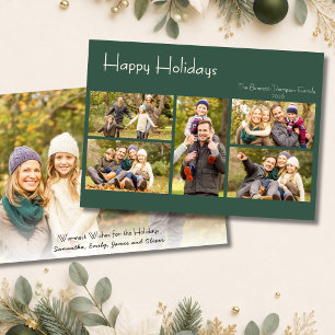 Minimalist Simple Green Happy Holidays 6 Photo Holiday Card