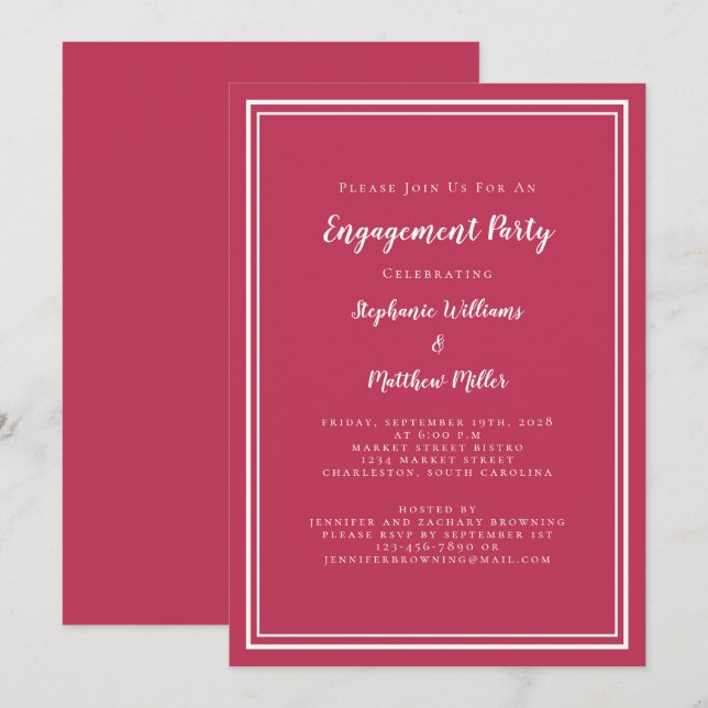 Minimalist Simple Magenta Red Engagement Party Invitation (Front/Back)