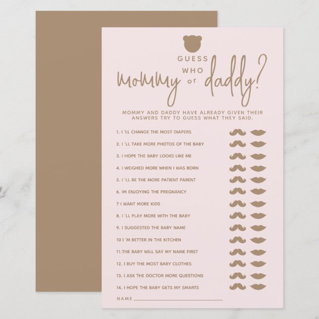 Minimalist simple modern bear Baby Shower Game  (Front/Back)