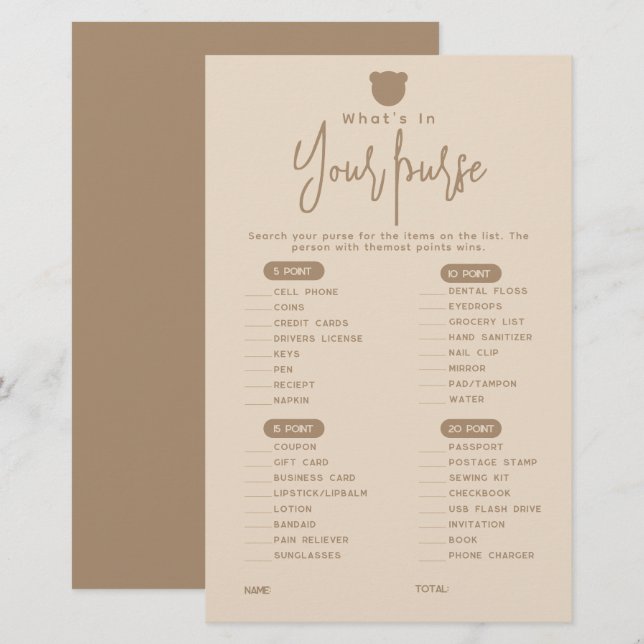 Minimalist simple modern bear Baby Shower Game  (Front/Back)