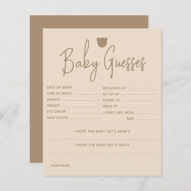 Minimalist simple modern bear Baby Shower Game (Front/Back)