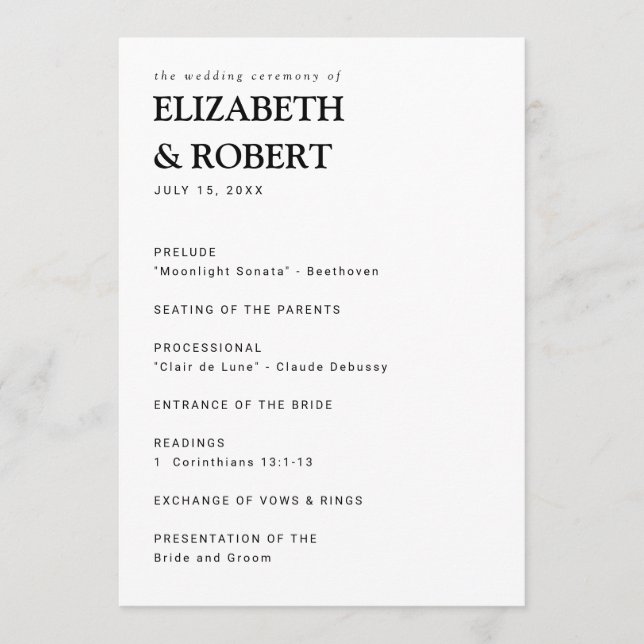 Minimalist Simple Modern wedding Ceremony Black  Program (Front)