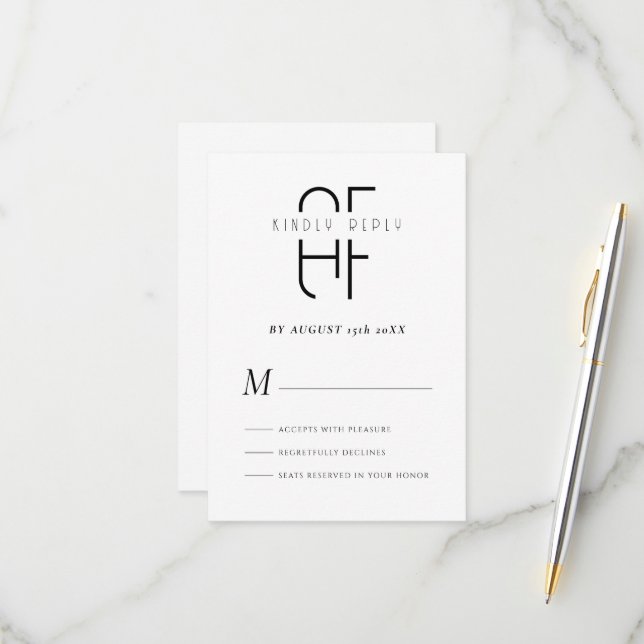 Minimalist simple monogram modern white RSVP card (Front/Back In Situ)