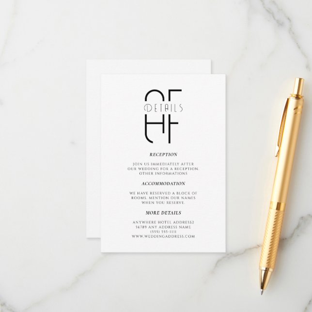 Minimalist simple monogram modern white wedding enclosure card (Front/Back In Situ)