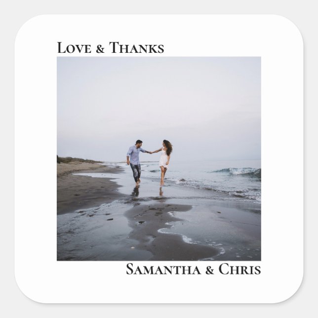 Minimalist Simple Photo Love & Thanks Wedding Square Sticker (Front)